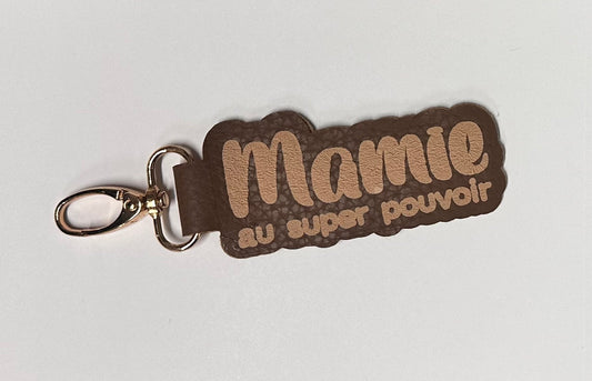 Porte-clés simili cuir - Mamie - Brun caramel - Nos Bout'Choux